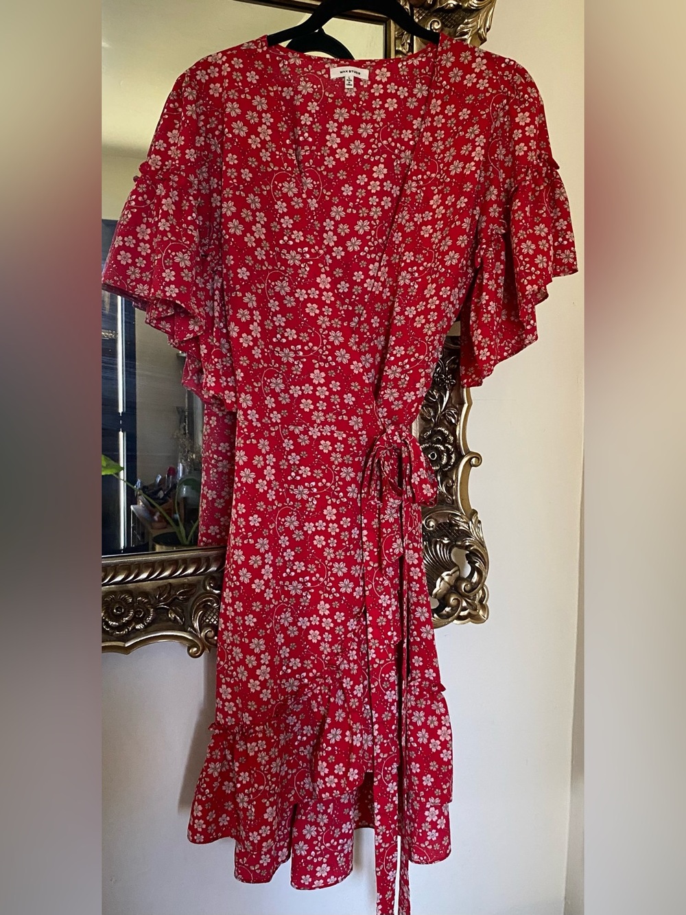 Max Studio Red Floral Tie-Waist Dress